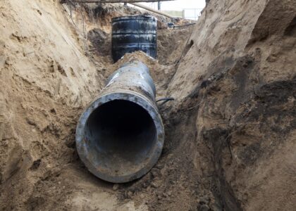Trenched Sewer line pipe cut for replacement