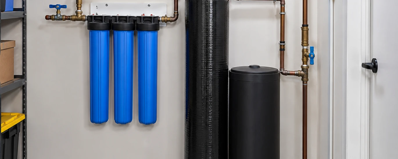 Whole house water filtration system in clean utility closet.