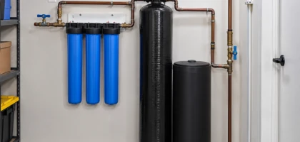 Whole house water filtration system in clean utility closet.