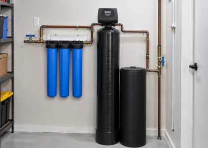 Whole house water filtration system in clean utility closet.