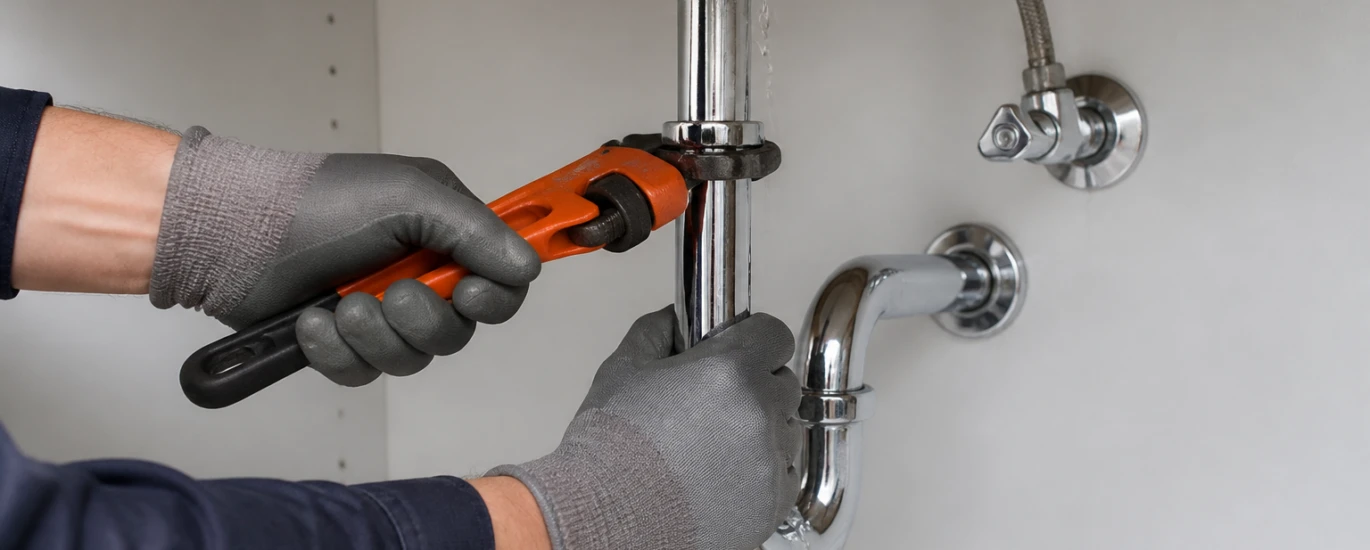 Gloved plumber using a pipe wrench to repair a leaking drain beneath a kitchen sink