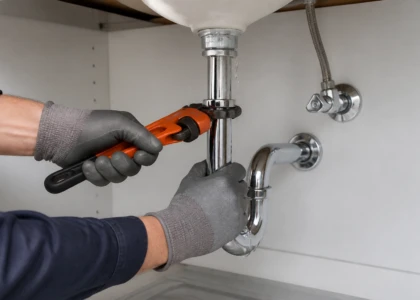 Gloved plumber using a pipe wrench to repair a leaking drain beneath a kitchen sink