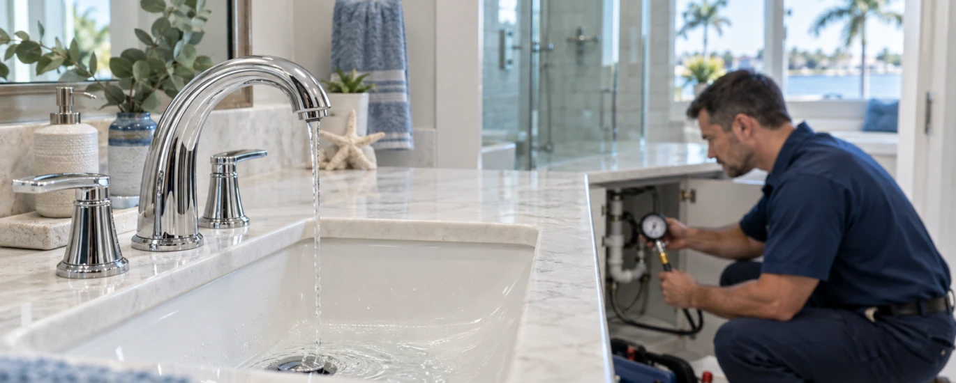 Plumber checking water pressure beneath a bathroom sink while a faucet runs with a weak stream.