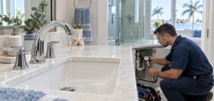 Plumber checking water pressure beneath a bathroom sink while a faucet runs with a weak stream.