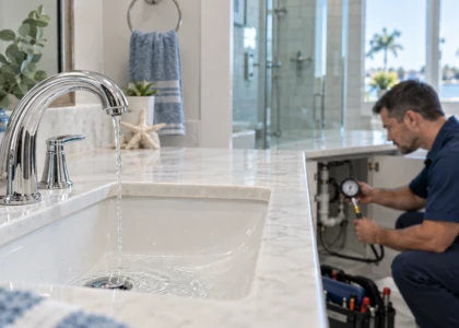 Plumber checking water pressure beneath a bathroom sink while a faucet runs with a weak stream.