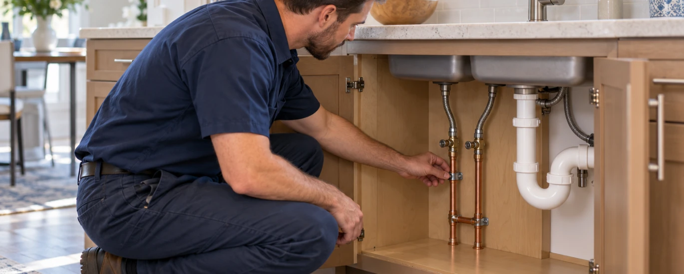 Plumber inspecting water supply pipes beneath a kitchen sink