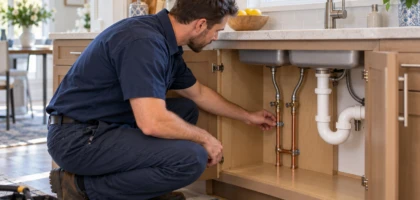 Plumber inspecting water supply pipes beneath a kitchen sink