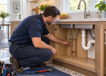 Plumber inspecting water supply pipes beneath a kitchen sink